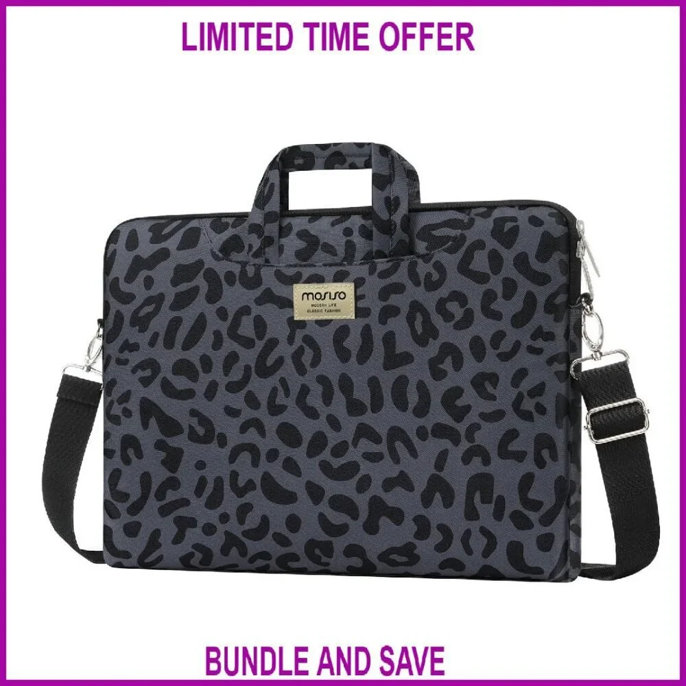 15.6 Inch Laptop Shoulder Bag Leopard Grain Briefcase Sleeve with Belt